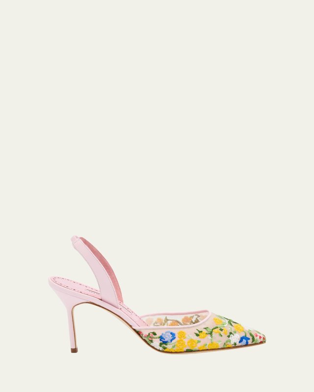 Floral Embroidered Mesh Slingback Pumps